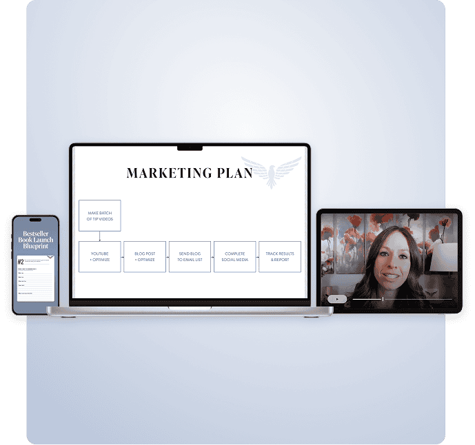 Visual mockup representing the Bestseller Book Launch Blueprint Course by Amber Vilhauer
